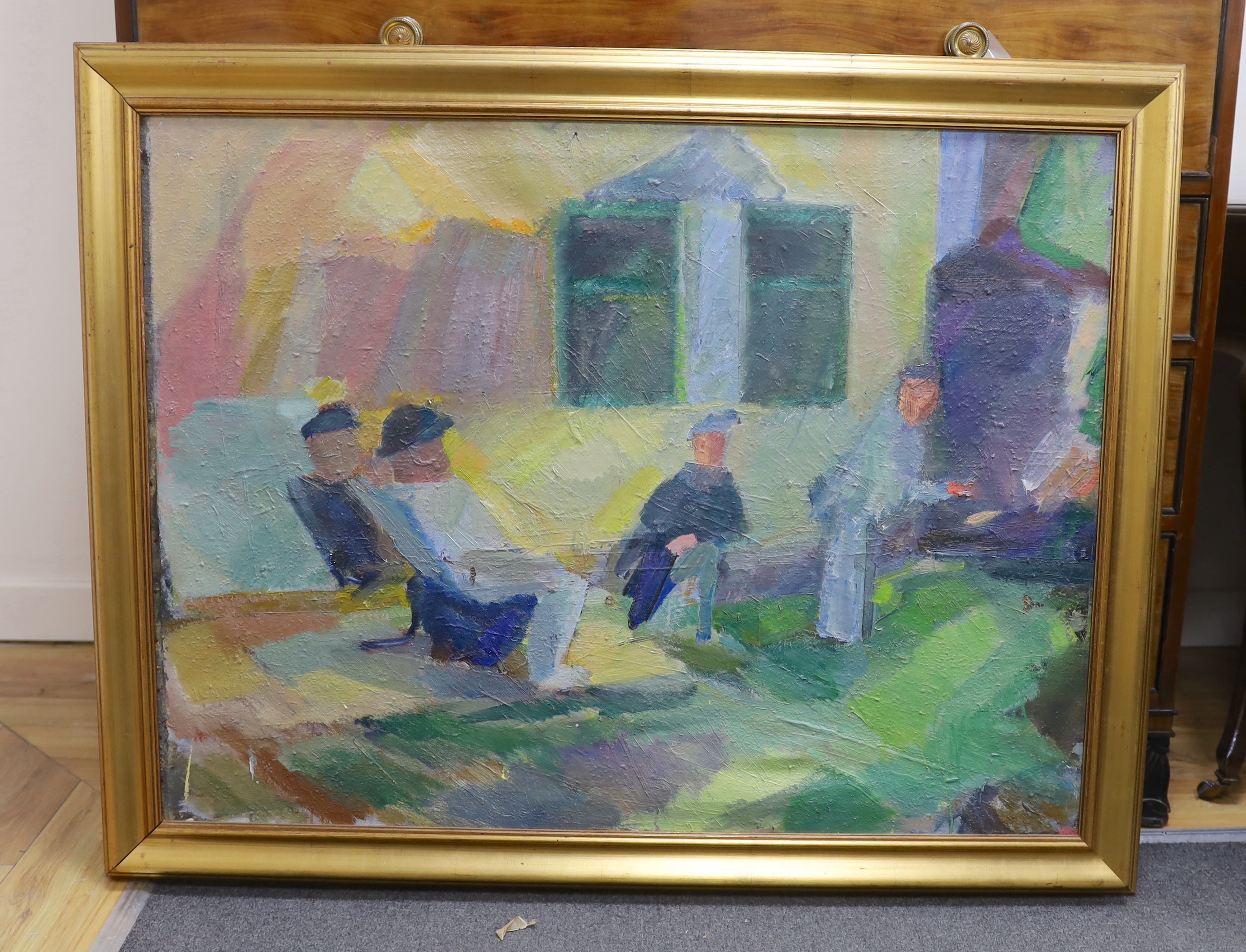 Danish School, oil on canvas board, Four seated figures, unsigned, 72 x 96cm